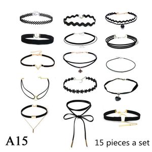 15 pcs / ensemble collier tour de cou noir dentelle cuir bande de velours femme collier bijoux cou accessoires tour de cou colar kolye