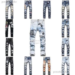 15 Syles Designer Amirs Herenjeans High Street Paarse Jeans voor Heren Borduurbroeken Dames Oversize Gescheurd Patch Hole Denim Recht Mode Street chic Slank 107
