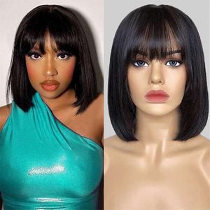 Perruque Bob Lace Front Wig naturelle lisse, cheveux humains courts sans colle, avec frange, 12 pouces, densité 150%, pour femmes noires