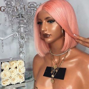 Perruque Lace Front Wig synthétique sans colle rose avec raie centrale, couleur pêche, perruque Bob courte résistante à la chaleur avec cheveux de bébé pour femmes, densité 150%