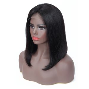 Pelucas de encaje 4x4 de cabello humano liso Bob de densidad 150%, peluca Frontal de encaje de Color natural, peluca de pelo liso peruano con corte Bob, Reina Gaga