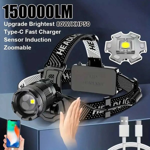 Linterna frontal LED Senson de 150000 lúmenes, linterna brillante de 80W, 8 modos de Zoom, lámpara frontal impermeable IP68 para acampar y cazar 240117
