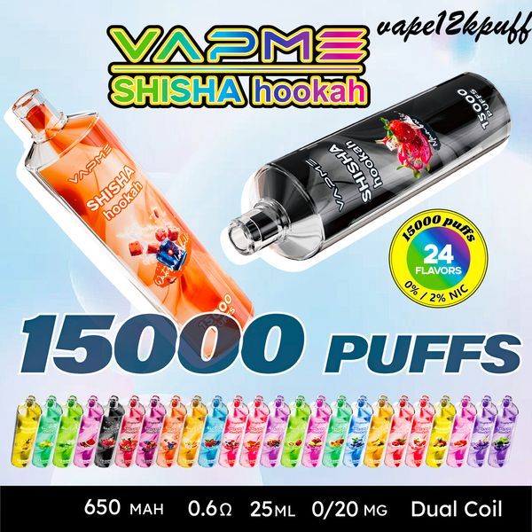 VapMe Shisha15000Puffs Dispostable Electronic Cigarette Puff15000e Cigarette Atomizer Vapes stylo Mesh Coil Pod 650mAh RECHARAGE 0% 2% Bottom With Light 24 Flavors