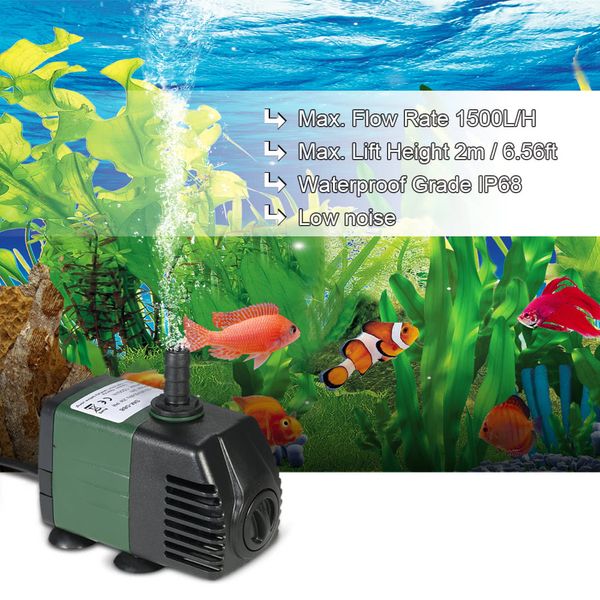 Pompe à eau submersible d'aquarium de 1500L/H pour le réservoir d'air de poissons fontaines d'oxygénateur d'oxygène étang jardins pompes hydroponiques avec 2 buses