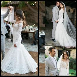 Impresionantes vestidos de novia de sirena de encaje completo Slim Garden con cuello en V Sheer Illusion País Apliques 2019 Vestido de novia Iglesia Vestido de novia personalizado