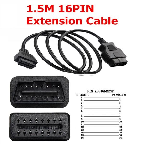 150 cm 16 PIN Macho a hembra Conector de automóvil Herramientas de cable OBD2 16PIN 1.5 M Cables de extensión de vehículo Herramienta de diagnóstico