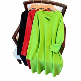 150 kg Grote Maat Dames Buste 160 Lente Winter Nieuwe Losse Lange V-Hals Trui Jurk Zt Rood Groen 5xl 6xl 7xl 8xl 9xl 10xl Y06m #