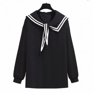 150kg Plus Size Spring Sailor Collar Chiff Shirt Buste 158cm 5XL 6XL 7XL 8XL 9XL Lâche Simple Lg-Sleeve Pull rayé Top c6dR #