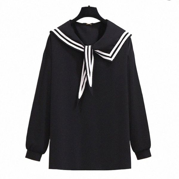 150 kg Plus Size Spring Sailor Collar Chiff Shirt Buste 158 cm 5XL 6XL 7XL 8XL 9XL Lâche Simple Lg-Manches Pull rayé Top o4gw #