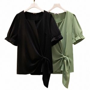 150kg Plus Taille Buste Femme 153 Été Lâche Manches courtes Col carré T-shirt Noir Vert 5XL 6XL 7XL 8XL 9XL Y5dw #