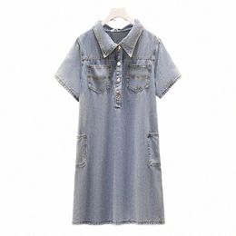 150kg Plus Taille Femmes Nouvel Été Lâche Vintage Polo Revers Boutonnage Demi-Patte De Travail Denim Chemise Dr 5XL 6XL 7XL 8XL 9XL Q2Pb #