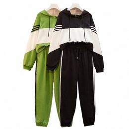 150 kg Plus Taille Printemps Automne Lâche Deux pièces Buste 149 Sweat-shirt rayé Pantalon Costume décontracté Noir Vert 6XL 7XL 8XL 9XL X3Hn #