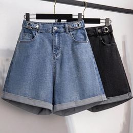 150 kg plus size dames denim shorts hoge taille casual losse rechte breedbeen broek heup 150 cm 5xl 6xl 7xl 8xl 9xl zwart blauw 240420