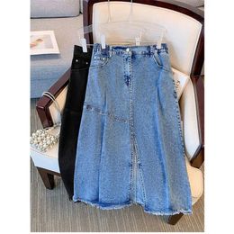 150Kg Plus Size Dames Hip 150 Hoge Taille Split Denim Rok Zomer Losse Hong Kong-stijl Zwart Blauw 5XL 6XL 7XL 8XL 9XL 240321