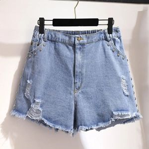 150 kg plus size dames zomer losse denim shorts gescheurde kralen rechte breedbeen broek blauwe heup 154 cm 5xl 6xl 7xl 8xl 9xl 240420