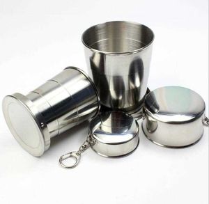 Taza plegable de 150ml de acero inoxidable, portátil, para deportes al aire libre, viajes, Camping, taza plegable, llavero telescópico de Metal, tazas para beber