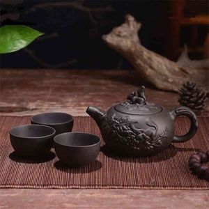 150 ml Yixing theepot paarse klei kung fu set handgemaakte dragon olifant eekhoorn pot met 3 stks beker 210813