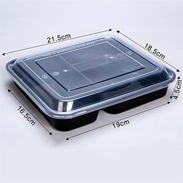 150pcs / Carton Wegwerp Plastic Lunchbox Fast Food Packing Boxes 1000ml Zwart Transparant Three Grid Takeaway Box met Deksel Microgolf Gebruik