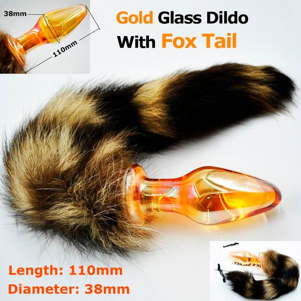 151204 Plug anal en cristal doré verre pyrex gode anal avec queue de chat renard costume adulte jeu jouet sexuel produit pour femmes hommes masturbation