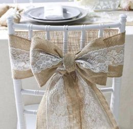 15240cm Naturalmente elegante silla de encaje de arpillera de arpillera de silla de yute arco de empate para la fiesta de bodas rústicas Decoración6608002