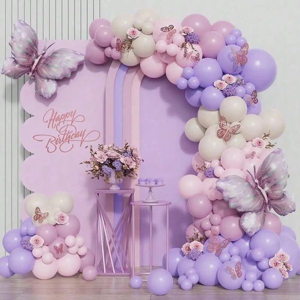 152pcs Macaron Pink Purple Purfly Balloons Garland Arch Kit For Wedding Butterfly Thème fille d'anniversaire Baby Shower Decor 240509