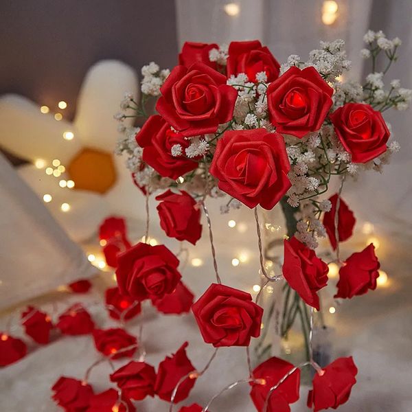 153 m rojo rosa artificial flor de rosa luces LED día de San Valentín cadena de hadas guirnalda habitación decoración de mesa de boda 240301