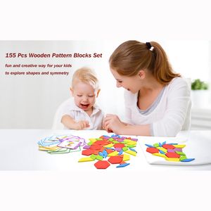 Ensemble de blocs à motifs en bois, Puzzle de forme géométrique, jouets éducatifs classiques Montessori Tangram pour enfants de la maternelle, 155 pièces
