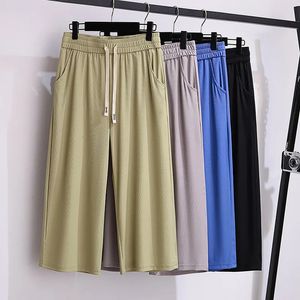 155Kg talla grande para mujer verano suelto recto de cintura alta pantalones recortados de seda de hielo cadera 150 5XL 6XL 7XL 8XL 9XL 4 colores 240229