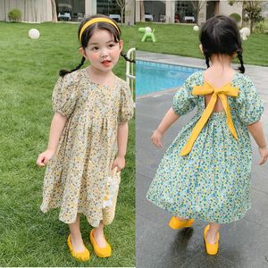 15908 Zomer kinderen meisjes bloemen jurk katoenen bloem geprinte kinderen kleding korte mouw bowknot prinses casual jurken