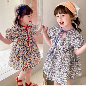 15920 Kids Girls Zomer Casual Florals Dress Kort Mouw Lace Up Flower Print Children Princess -jurken