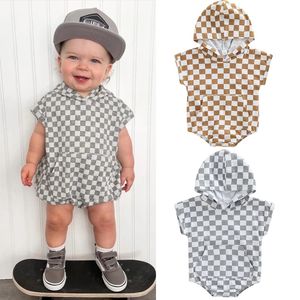 15948 Zomer baby baby katoen rompers kinderen jongens plaid capuchon klimklimkleding peuters kinderen overalls rompers