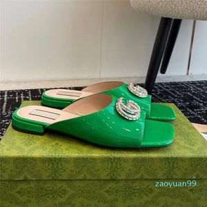 15a 2024 Women Slide Flats Crystal-Set Sandals Shoes Sparkling Hardware Double-G Slippers Slippers verfraaid Patent Leather Naakt Black Green Lady Walking EU35