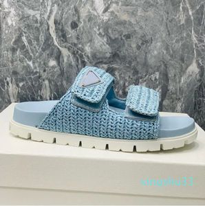 15A Luxury Designer Femmes Platform Flat Plator Slipers Slippers tressé Raffia White Black Blue Blue Pink Sandales avec triangle ouverte Signature Chaussures Slipper For Women