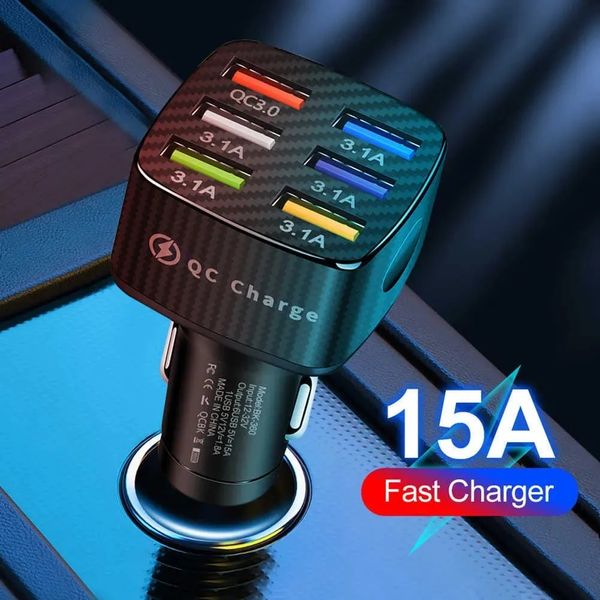 Chargeur de voiture 15A QC3.0, adaptateur 6 USB 12V 24V, charge rapide, pour iPhone 15, Samsung LG, téléphone Android