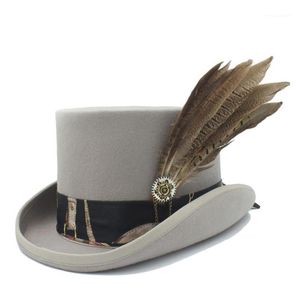 Chapeau haut-de-forme en laine pour femmes et hommes, 15CM, 5, 81 pouces, cylindre Steampunk, chapeau Fedora, travail manuel en cuir, casquettes de fête magique Cosplay, Drop13449