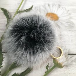 15cm / 6" -Black gel réel souple en fourrure de renard boule Pompon sac à main porte-clés Pendentif cadeau trousseau de clés
