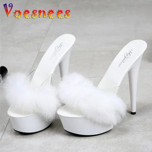 15 cm pantoufles européennes et américaines cheveux de lapin chaussures à talons super hauts à talons minces chaussures à plate-forme imperméables noires sexy 240118