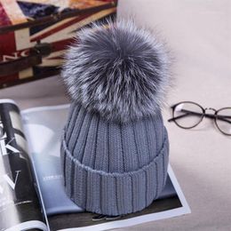 15 Cm Echt Bont Bal Cap Pom Poms Winter Hoed Voor Vrouwen Meisje Wol Gebreide Katoenen Mutsen Merk dikke Female2884