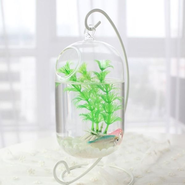 Botella de infusión para pecera de cristal colgante transparente suspendido de 15cm, florero para plantas y flores de acuario para decoración del hogar, acuarios 207p