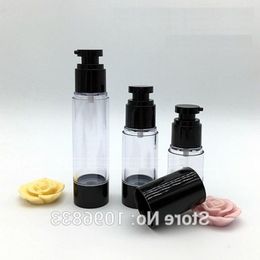 15 g 30 g 50 g zwarte airless fles met platte pomp, cosmetische serumlotion gel verpakkingsfles, plastic vacumm 20 stks/lot jetju