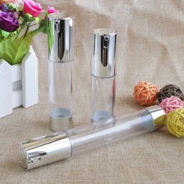 15 ml 20 ml 30 ml bouteilles de pompe sans air vides argent en argent transparent mini portable vide de traitement cosmétique de voyage 100pcshigh quantlty upqh