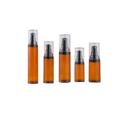 Airless Pump Bottle Frost Brown Vacío Plástico Recargable Black Spary Lotion Press Pump Con tapa transparente Botellas de embalaje portátiles 15ml 30ml 50ml