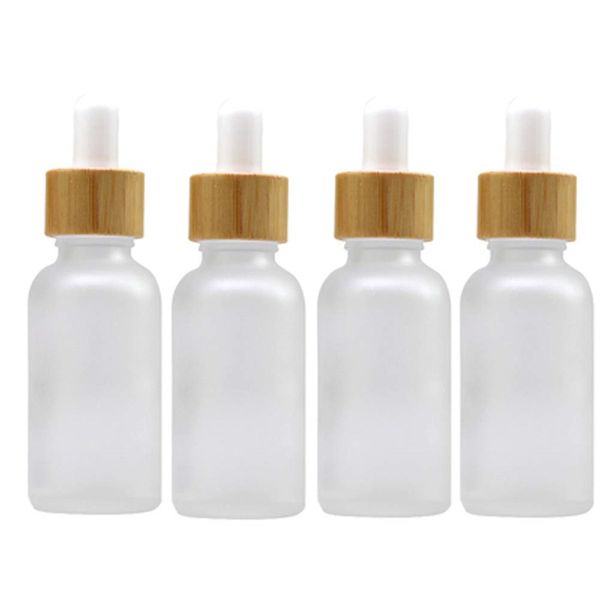 Frasco cuentagotas de vidrio de 15 ml, 30 ml, 50 ml con tapa de bambú, botellas de aceite esencial blanco ámbar esmerilado de madera de 2 oz