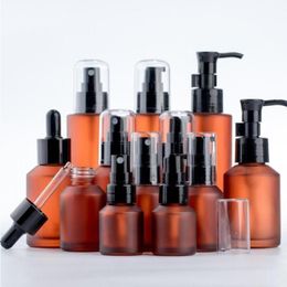 15ml 30ml 60ml 100ml Bottiglia di vetro marrone ambrato Lozione protettiva Pompa spray Contenitore vuoto Riutilizzabile Crema cosmetica da viaggio Shampoo Packi Difq