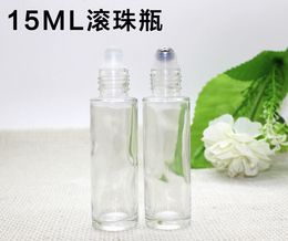 Gratis Verzending 15ml Clear Glass Lege Roll-On Bottle Hot Sale 15-ML Clear Glass Flessen met glas roestvrij stalen roller zilveren zwarte deksels