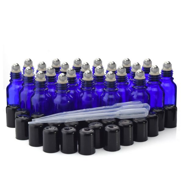 Bouteilles à roulettes de 15ml pour huiles essentielles, verre bleu vide avec boule métallique en acier inoxydable, parfum aromathérapie, paquet de 24