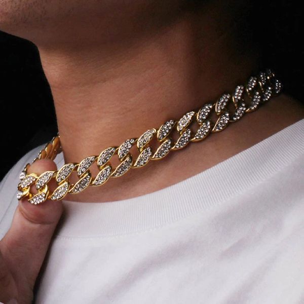 Chokers de 15 mm 8-30 pouces trois couleurs Gold Silver Hip Hop Bling Diamond Cuban Link Chain Collier pour hommes Miami Rapper Bijoux Chaines pour hommes Jewelry 251b