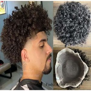 15mm Afro Curl 1B Full PU Toupee Mens Wig Brazilian Remy Human Hair Replacement 12mm Curly Lace Unit for Black Men Express Delivery 47