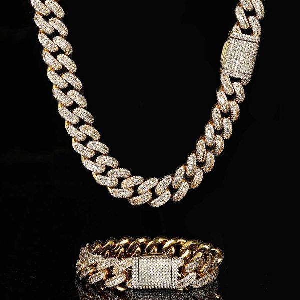 Cadena de tenis de Hip Hop de 15 mm, collar, pulseras, conjunto de joyas, cadena de eslabones cubanos chapada en oro real de 18 k con diamantes de plata CZ