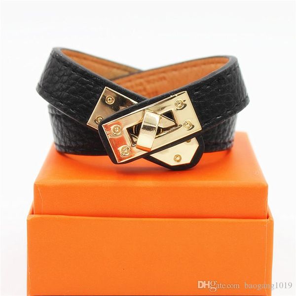 Bracelets de manchette en acier inoxydable de luxe de 15 mm Bracelets Bracelets en cuir PU Bracelets à breloques originaux classiques